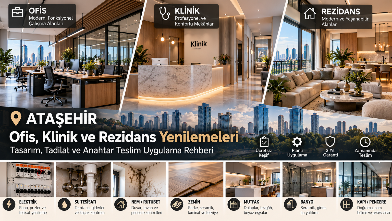 Ataşehir Ofis, Klinik ve Rezidans Yenilemeleri: Tasarım, Tadilat ve Anahtar Teslim Uygulama Rehberi